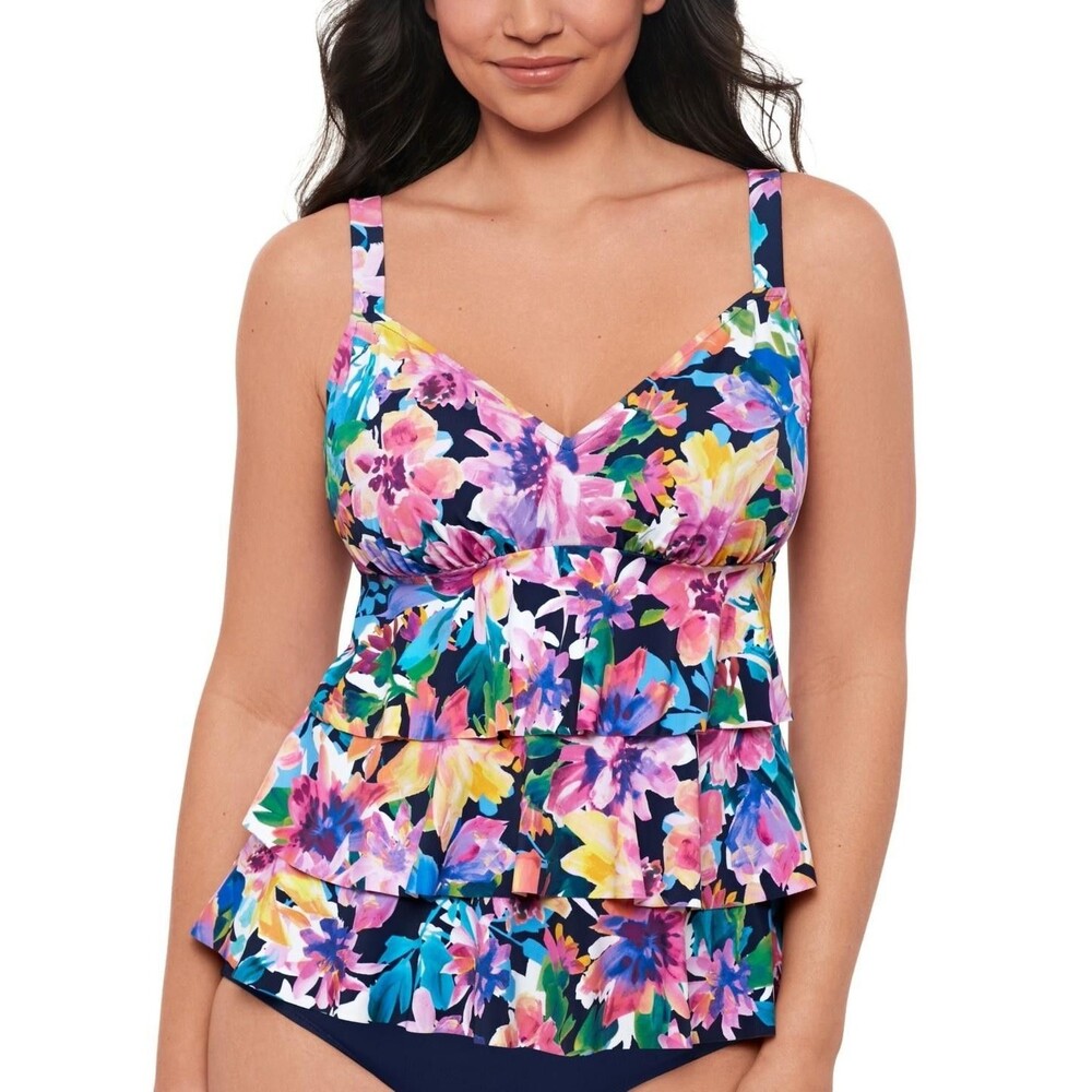 Swim Solutions Tankini Top Womens 12 Navy Multi Tiered Ruffle D Cup Support